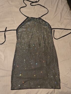 Black Rhinestone Halter Mini Dress Transparent